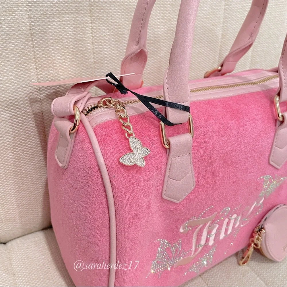 NEW Juicy Couture Pink Terry Cloth Barrel Bag Butterfly‎ Rhinestone Satchel